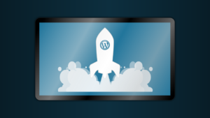 WordPress logo in a rockt that takes off in a blue background