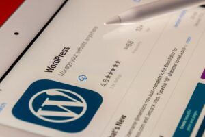 White and blue wordpress log on the corner of a computer screen
