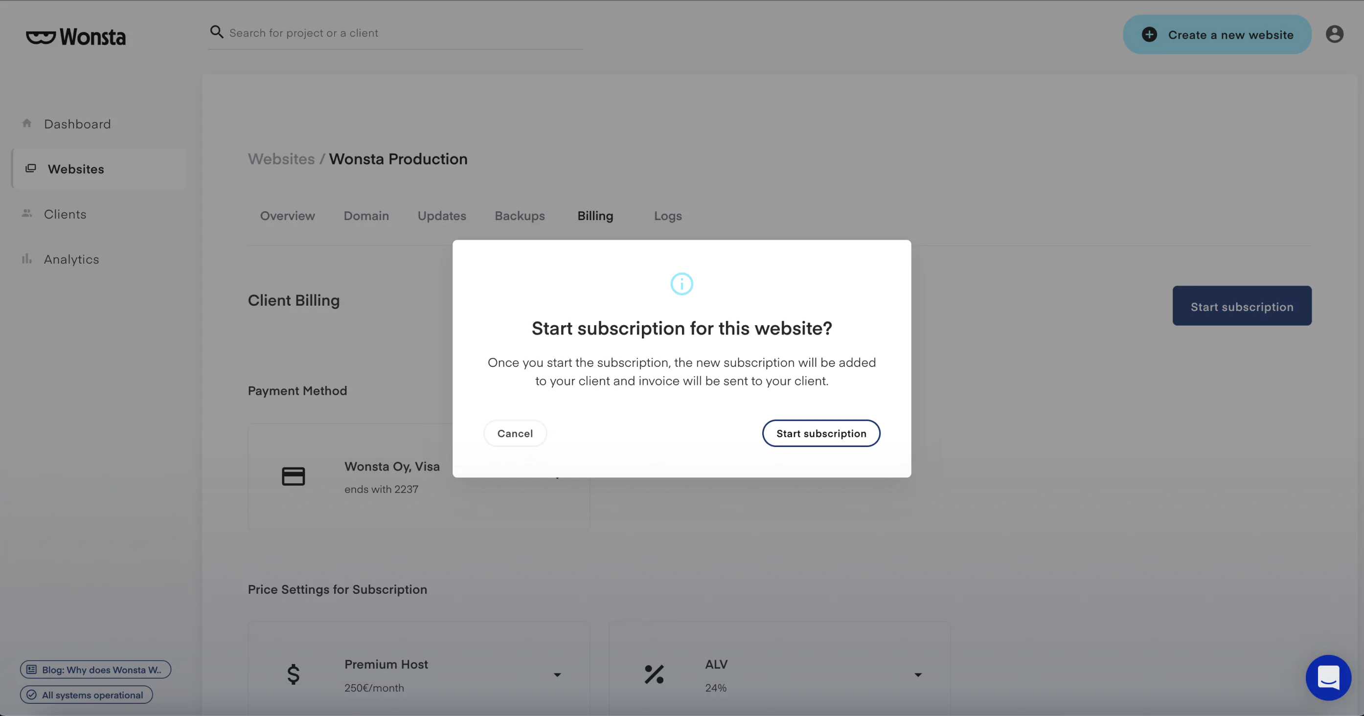 Screenshot of setting subscription